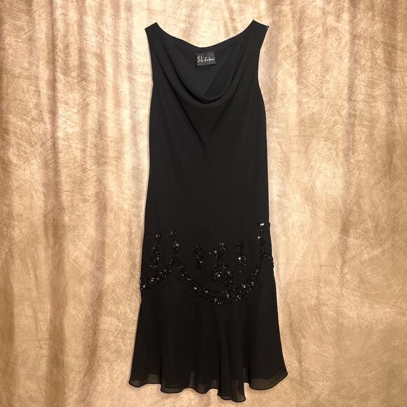 Vintage 90s SL Fashions Black Beaded Sequin Cowl Neck Midi Dress Drop Waist Goth - Picture 2 of 7